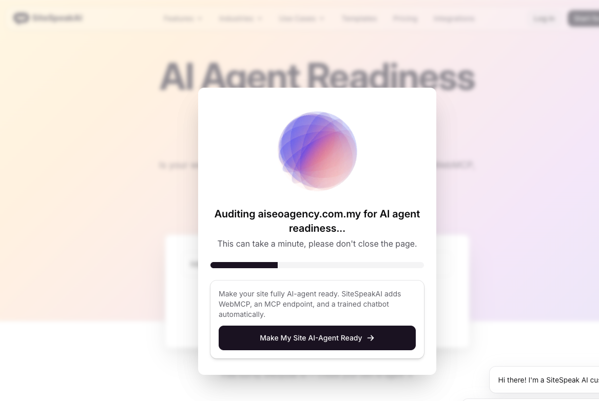 SiteSpeak AI Agent Readiness Scanner results example