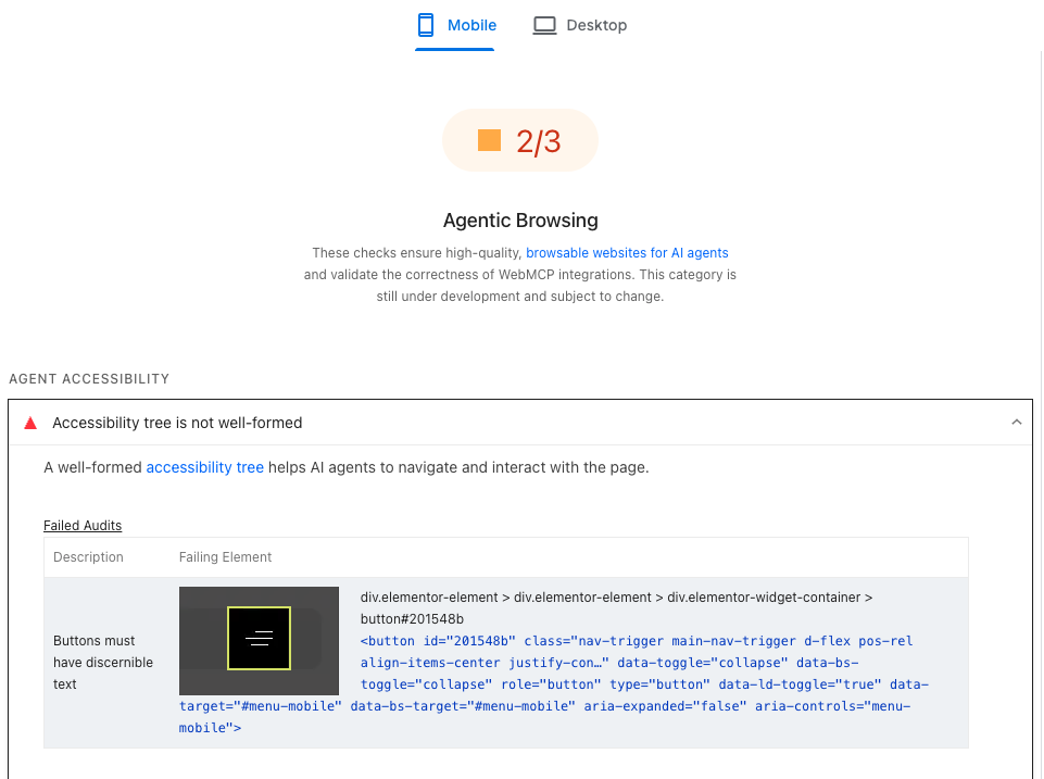 PageSpeed Insights Core Web Vitals results example
