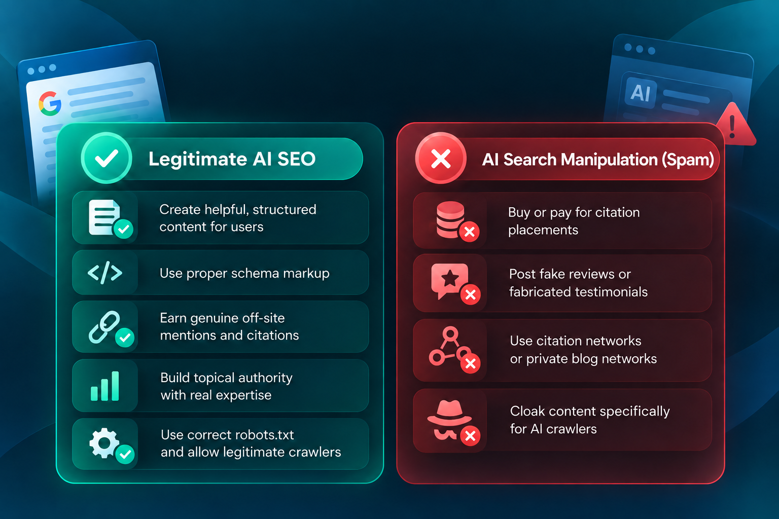 Legitimate AI SEO vs AI search manipulation spam — side by side comparison of what earns visibility versus what manufactures it