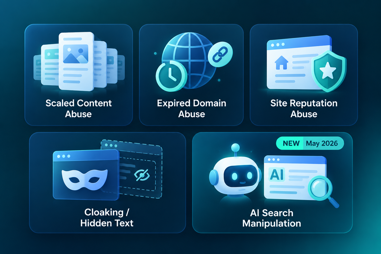 Google spam policies overview — scaled content abuse, expired domain abuse, site reputation abuse, cloaking, and the new AI search manipulation policy added May 2026